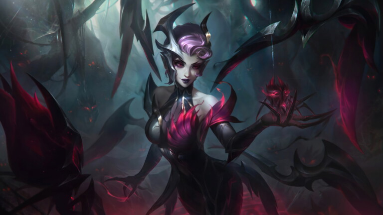 A spellbinding 4K wallpaper showcasing the alluring Coven Elise skin, featuring Elise, the Spider Queen, immersed in dark mysticism within the mystical world of League of Legends.