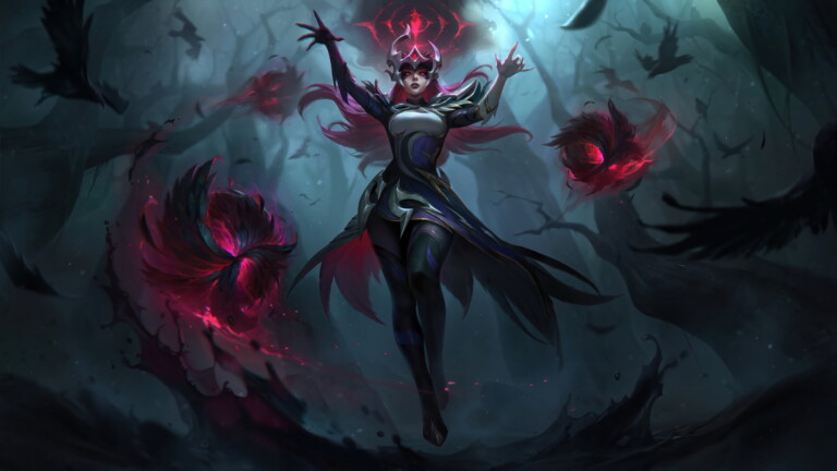 A captivating 4K wallpaper showcasing the alluring Coven Syndra skin, featuring Syndra, the Dark Sovereign, in a spellbinding moment within the mystical realm of League of Legends.