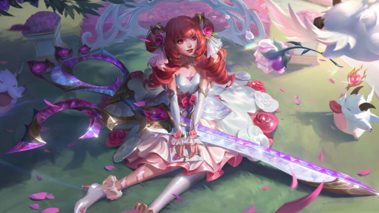 A stunning 4K wallpaper showcasing the exquisite Crystal Rose Gwen skin, featuring Gwen, the Hallowed Seamstress, amidst a bed of glistening crystal roses in the enchanting world of Wild Rift.