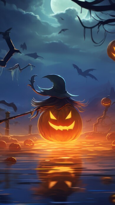 Embrace the Halloween spirit with this captivating 4K wallpaper. Featuring AI-generated floating pumpkins, this image is the perfect choice for your high-resolution desktop background during the spooky holiday season.