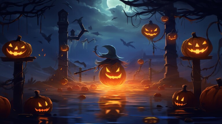 Embrace the Halloween spirit with this captivating 4K wallpaper. Featuring AI-generated floating pumpkins, this image is the perfect choice for your high-resolution desktop background during the spooky holiday season.