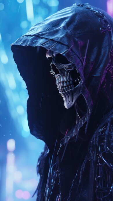 Embrace the haunting presence of the Grim Reaper with this 4K wallpaper, created through AI. It's a perfect choice for your high-resolution desktop background during the spooky holiday season.