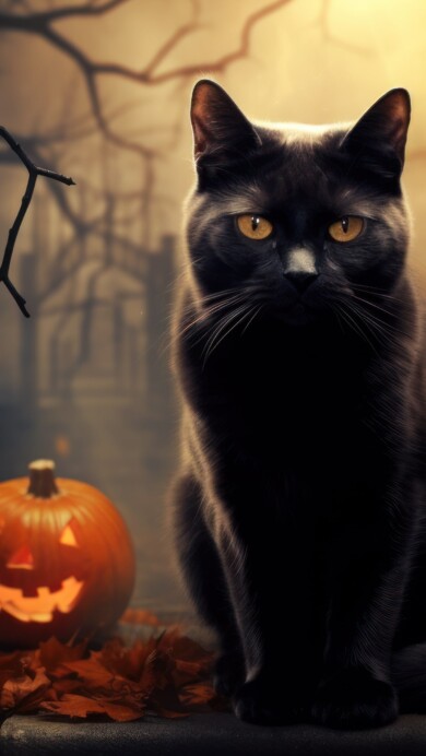 Capture the Halloween spirit with this 4K wallpaper. Featuring an AI-generated scene of a black cat and pumpkins, this image is the perfect choice for your high-resolution desktop background during the spooky holiday season.