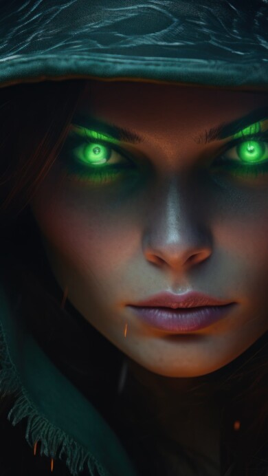 Get a close-up view of this eerie green-eyed witch in this 4K wallpaper, created through AI. Perfect for your high-resolution desktop background during the spooky holiday season.