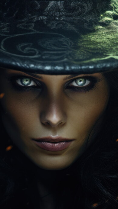 Get an up-close look at this bewitching witch portrait in this 4K wallpaper, crafted through AI. Perfect for your high-resolution desktop background during the spooky holiday season.