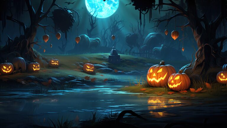 Immerse yourself in the enchanting Halloween atmosphere with this 4K wallpaper, showcasing an AI-generated pumpkin forest. It's the ideal choice for your high-resolution desktop background during the eerie holiday season.