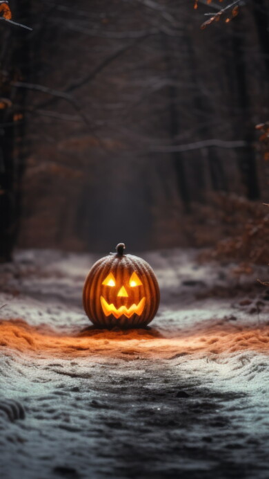 Venture into the spooky Halloween woods with this 4K wallpaper, featuring an AI-generated pumpkin. It's the perfect choice for your high-resolution desktop background during the eerie holiday season.