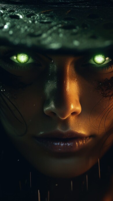 Experience the spooky atmosphere of Halloween with this 4K wallpaper. Featuring a close-up of a green-eyed witch in the rain, created through AI, it's the perfect choice for your high-resolution desktop background during the holiday season.