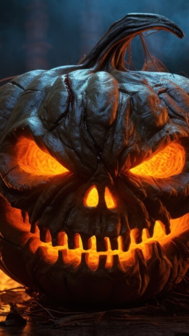 Light up your screen with the spooky Halloween ambiance using this 4K wallpaper, featuring a spooky, AI-generated pumpkin engulfed in flames. It's an ideal choice for your high-resolution desktop background during the eerie holiday season.