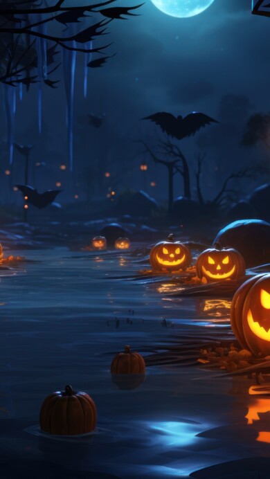 Dive into the spooky ambiance of Halloween with this 4K wallpaper. Featuring an AI-generated eerie pumpkin forest, this image is an ideal choice for your high-resolution desktop background during the holiday season.