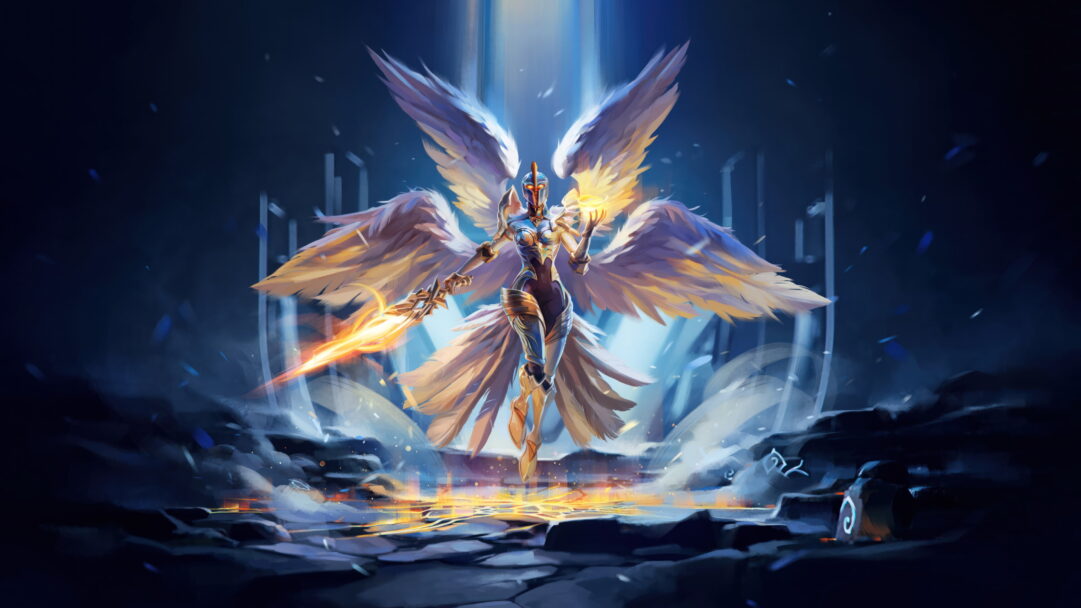 A breathtaking 4K wallpaper showcasing the majestic LoL Worlds Kayle skin, highlighting Kayle, the Righteous, radiating celestial power in the epic world of League of Legends.