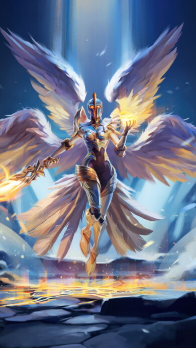 A breathtaking 4K wallpaper showcasing the majestic LoL Worlds Kayle skin, highlighting Kayle, the Righteous, radiating celestial power in the epic world of League of Legends.