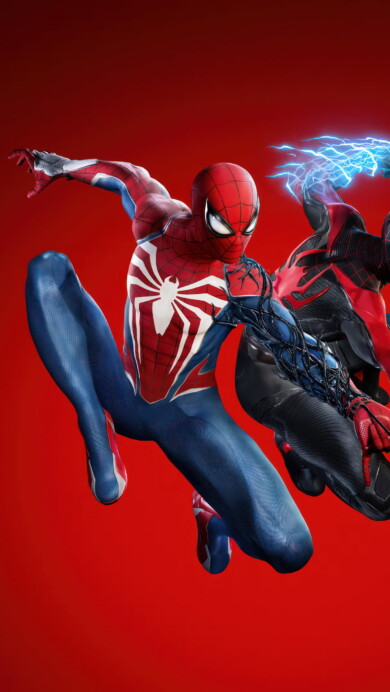 A dynamic 4K wallpaper featuring Miles Morales and Peter Parker from Marvel's Spider-Man 2. Enjoy the high-resolution artwork showcasing these iconic superheroes in a breathtaking action scene. Ideal for your desktop or device background.