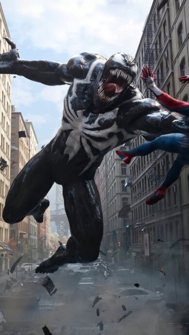 A riveting 4K wallpaper featuring Spider-Man and Venom from Marvel's Spider-Man 2, capturing an intense battle between hero and villain in stunning high resolution. Ideal for your desktop or device background.