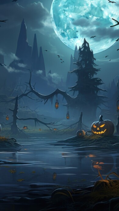 Immerse yourself in the mysterious nighttime Halloween ambiance with this captivating 4K wallpaper, brought to life through AI. It's the perfect choice for your high-resolution desktop background during the eerie holiday season.