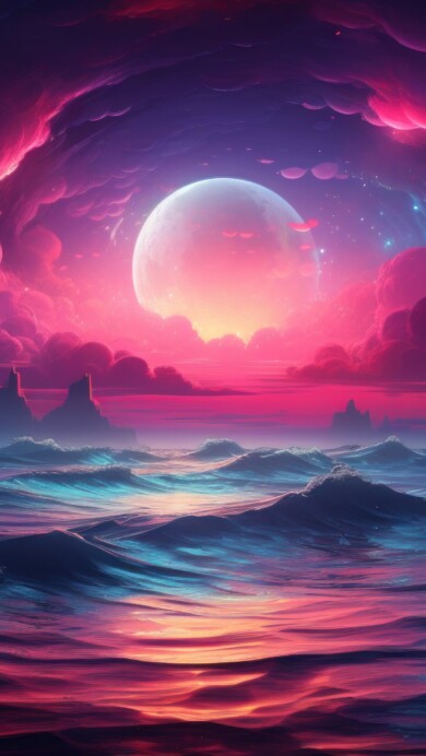 Immerse yourself in the captivating beauty of colorful moonlit sea waves in this AI-generated 4K wallpaper. Ideal for high-resolution displays, it captures the serene and vibrant essence of the moonlit ocean waves.