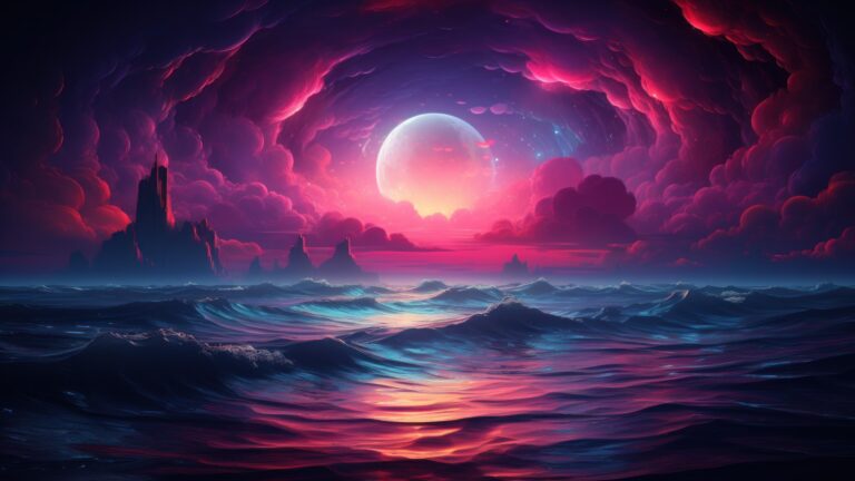 Immerse yourself in the captivating beauty of colorful moonlit sea waves in this AI-generated 4K wallpaper. Ideal for high-resolution displays, it captures the serene and vibrant essence of the moonlit ocean waves.