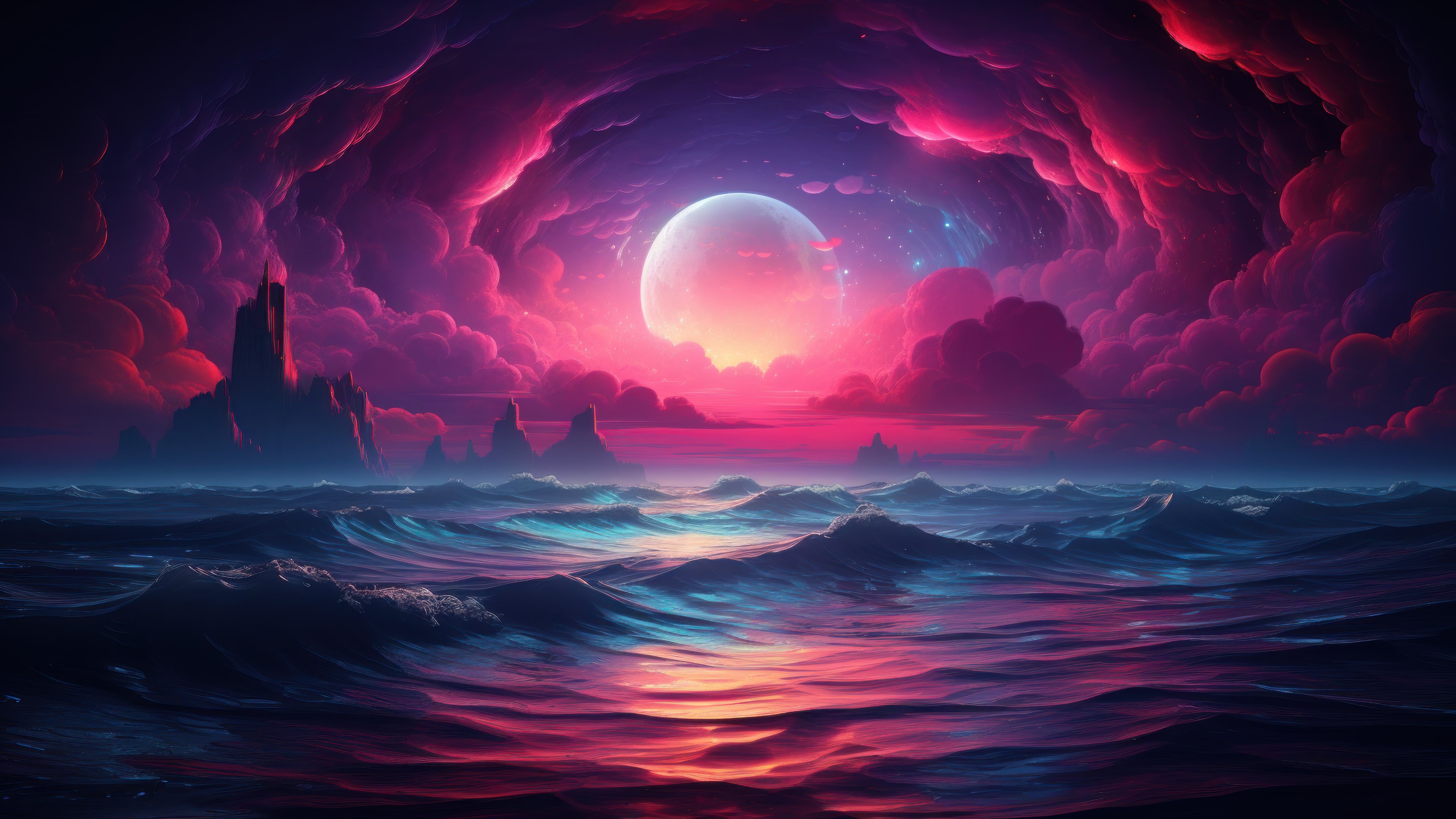 Colorful Moonlit Sea Waves AI Generated 4K Wallpaper - Pixground ...