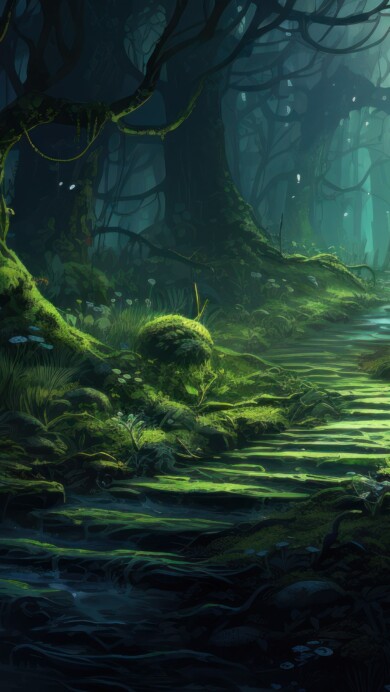 Explore the enigmatic allure of a dark and mysterious forest in this AI-generated 4K wallpaper. Ideal for high-resolution displays, it captures the eerie ambiance of an enigmatic woodland.