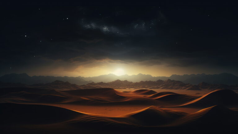 Experience the enchantment of a desert landscape at night with this AI-generated 4K wallpaper showcasing sand dunes under the moonlit sky. Perfect for high-resolution displays, it captures the serene beauty of the desert scenery during nighttime.