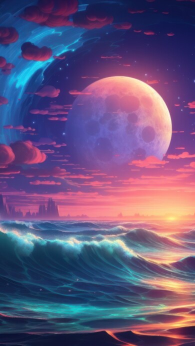 Experience the enchantment of a dreamy and colorful ocean illuminated by moonlight in this AI-generated 4K wallpaper. Perfect for high-resolution displays, it captures the serene beauty of the sea under the magical moonlit sky.