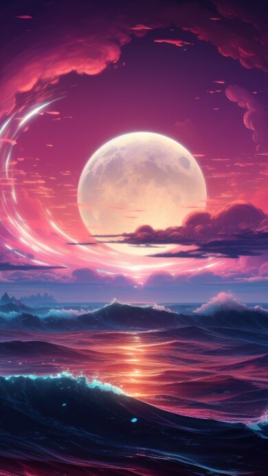 Transport yourself to a surreal world with this dreamy neon moonlit horizon in an AI-generated 4K wallpaper. Perfect for high-resolution displays, capturing a serene and surreal vista.