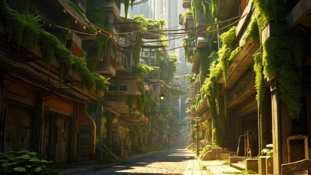 A captivating 4K wallpaper featuring a humble town alley adorned with ivy, created through AI generation. This high-resolution image captures the charm of urban simplicity, making it the perfect choice for individuals seeking a picturesque and quaint addition to their desktop or mobile display.