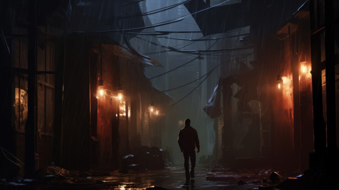 Experience the captivating mood of an AI-generated rainy urban scene in this 4K wallpaper. It depicts a solitary atmosphere in an abandoned street under rainfall, suitable for high-resolution displays.
