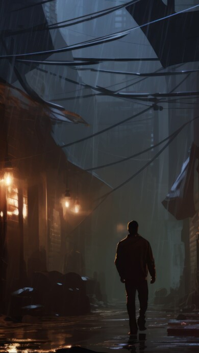 Experience the captivating mood of an AI-generated rainy urban scene in this 4K wallpaper. It depicts a solitary atmosphere in an abandoned street under rainfall, suitable for high-resolution displays.