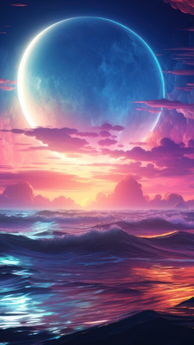 Immerse yourself in the mesmerizing scene of neon-colored sea waves under the moonlight, depicted in this AI-generated 4K wallpaper. Ideal for high-resolution displays, it portrays the serene beauty of the ocean at night with a vibrant twist.