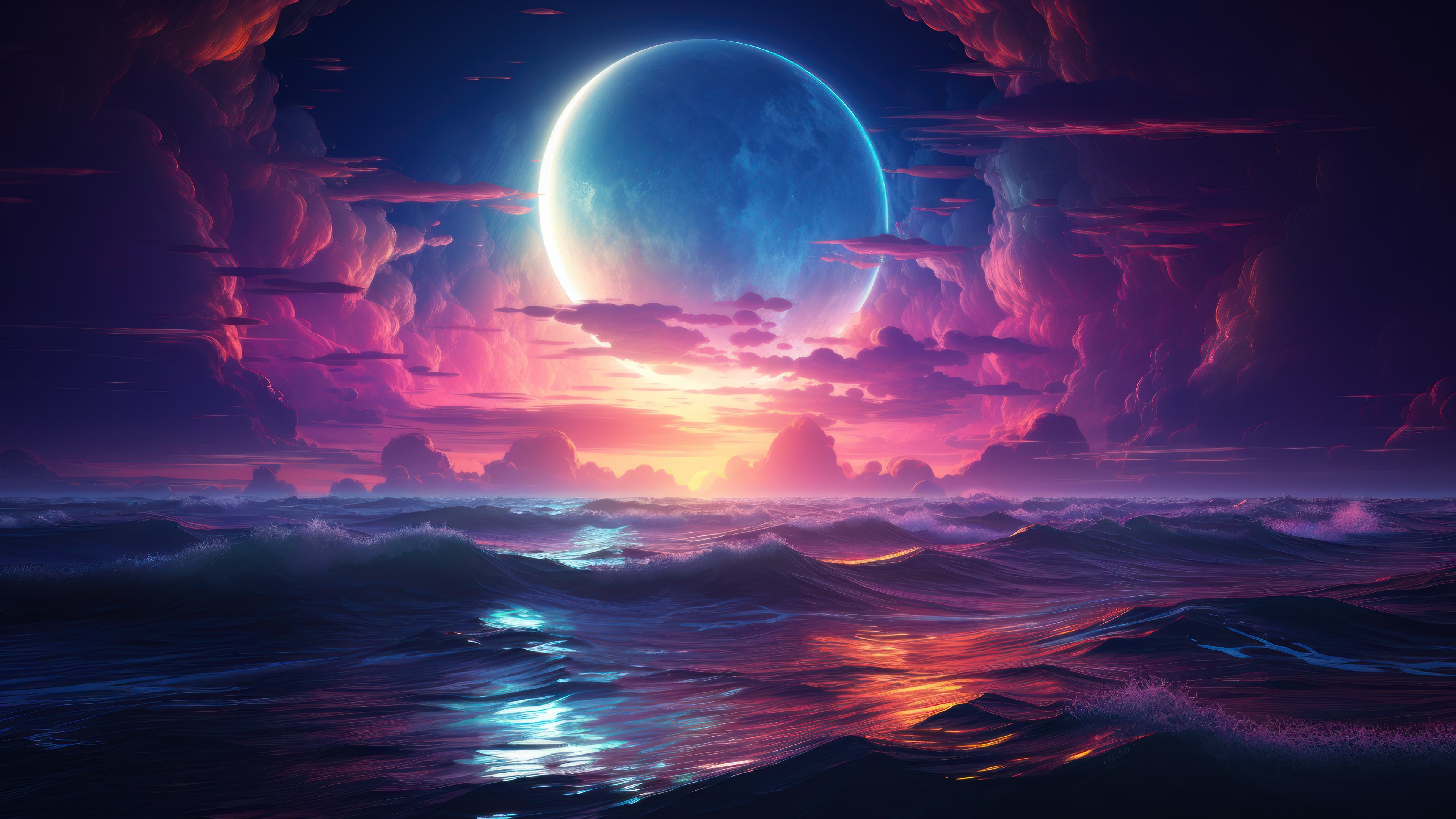 Moonlit Neon Sea Waves AI Generated 4K Wallpaper - Pixground - Download ...