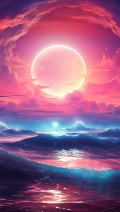 Delve into a dreamlike landscape with this AI-generated 4K wallpaper capturing a surreal pink-hued moonlight on the horizon. Perfect for high-resolution displays, it creates an atmospheric and captivating visual experience.