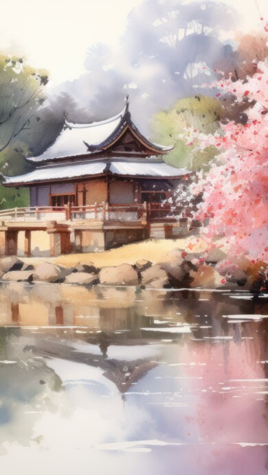 Experience the tranquility of a Japanese-inspired watercolor scene in this AI-generated 4K wallpaper. Perfect for high-resolution displays, it embodies a serene artistic depiction.