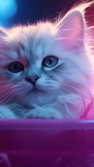 Adorn your screen with a charming scene featuring a white kitty nestled in a bucket, portrayed in this AI-generated 4K wallpaper. Perfect for animal lovers and high-resolution displays, it captures the adorable essence of a feline companion.