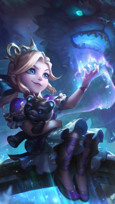 A captivating 4K wallpaper featuring the enchanting Winterblessed Annie skin, showcasing Annie, the Dark Child, in a winter-themed wonderland, radiating a magical aura within the captivating universe of League of Legends.