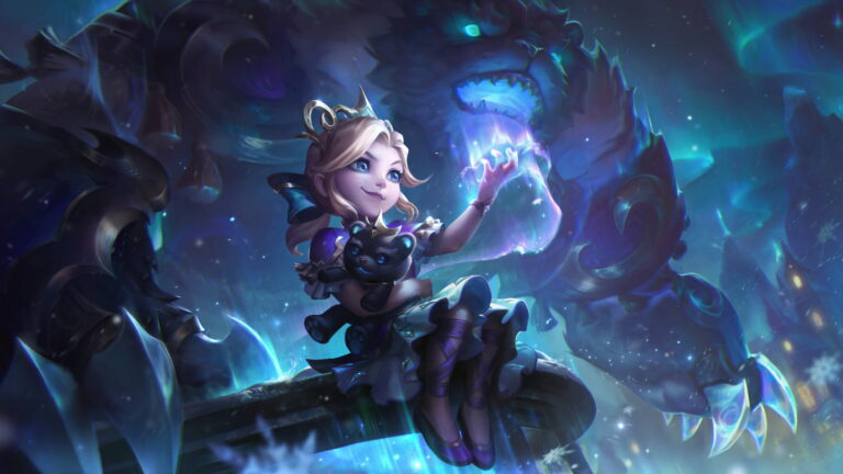 A captivating 4K wallpaper featuring the enchanting Winterblessed Annie skin, showcasing Annie, the Dark Child, in a winter-themed wonderland, radiating a magical aura within the captivating universe of League of Legends.