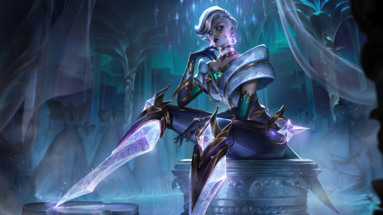 A breathtaking 4K wallpaper featuring the exclusive Winterblessed Camille Prestige Edition skin, showcasing Camille, the Steel Shadow, in a regal winter-inspired ensemble, set against a frosty and enchanting backdrop in the illustrious universe of League of Legends.