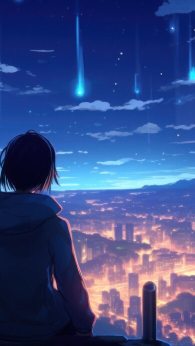 Imagine an anime character standing in contemplation, gazing over a bustling cityscape in this AI-generated 4K wallpaper. While not a direct representation, it conveys the essence of an anime character admiring a city's skyline, perfect for high-resolution displays in a digital art form.