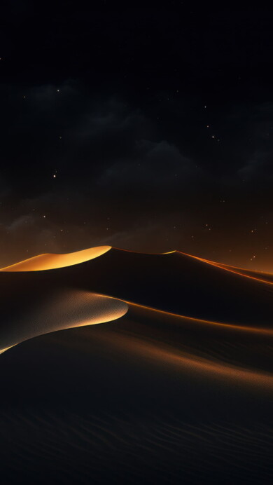 Experience the mystique of desert sand dunes at night in this AI-generated 4K wallpaper. Ideal for high-resolution displays, it showcases the serene beauty of the desert landscape under the night sky.