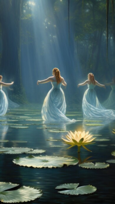 A mesmerizing 4K wallpaper illustrating ethereal women gracefully dancing on water lilies, crafted through AI-generated artistry. The serene scene captures their movements amidst vibrant aquatic flora, evoking a sense of enchantment and beauty.