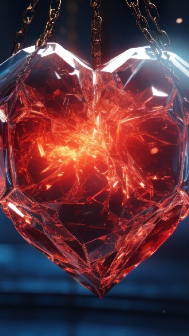 A mesmerizing 4K wallpaper presenting an AI-generated fragile glass heart delicately chained, showcasing intricate details and vibrant colors against a dark backdrop. The chains intertwine, reflecting a sense of resilience and vulnerability, creating a captivating visual narrative.