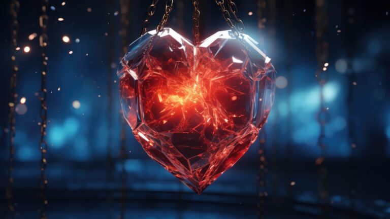 A mesmerizing 4K wallpaper presenting an AI-generated fragile glass heart delicately chained, showcasing intricate details and vibrant colors against a dark backdrop. The chains intertwine, reflecting a sense of resilience and vulnerability, creating a captivating visual narrative.
