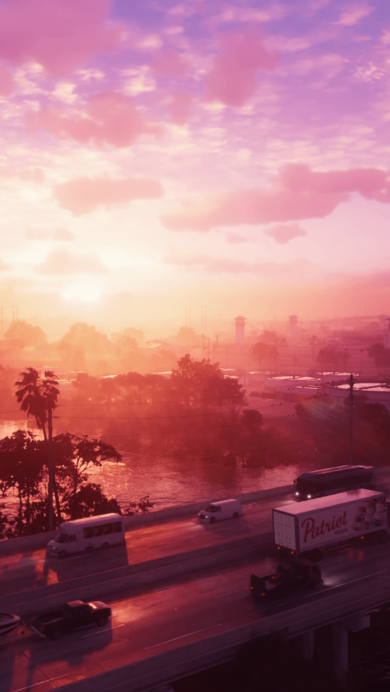 A breathtaking 4K wallpaper capturing the essence of GTA 6 at sunset, where the cityscape comes alive with warm hues, reflecting the next level of open-world gaming from Rockstar Games. Immerse yourself in the stunning visuals of Grand Theft Auto 6 as the sun dips below the horizon, casting a golden glow over the dynamic urban landscape.