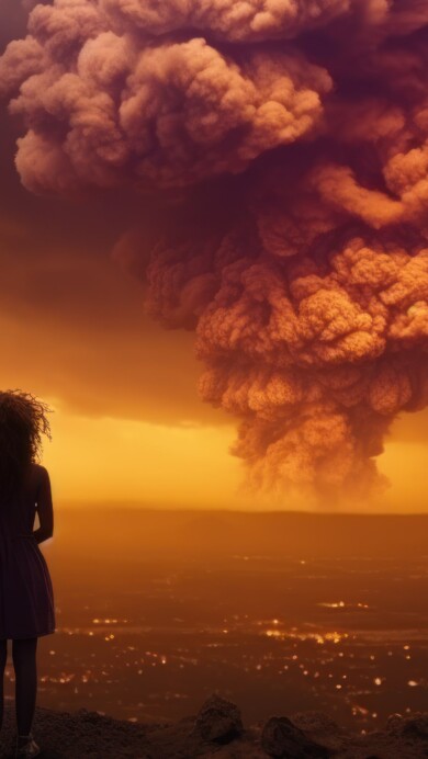 A thought-provoking 4K wallpaper depicting a solitary woman bravely confronting a powerful explosion. The contrast between the figure's solitude and the fiery explosion creates a poignant and dramatic scene, evoking emotions and contemplation.