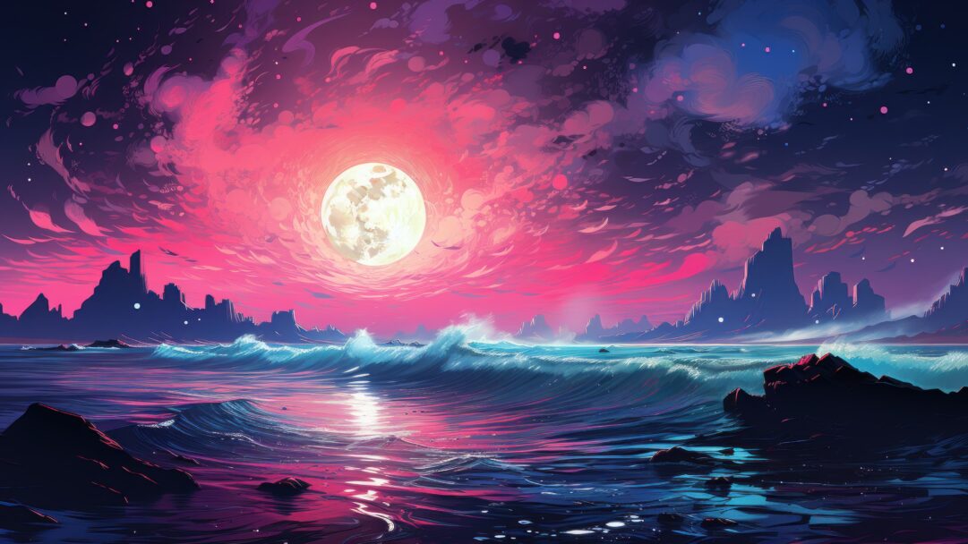Immerse yourself in the enchanting view of moonlit neon ocean waves in this AI-generated 4K wallpaper. Ideal for high-resolution displays, it offers a captivating and vibrant digital art representation of a luminous ocean scene.
