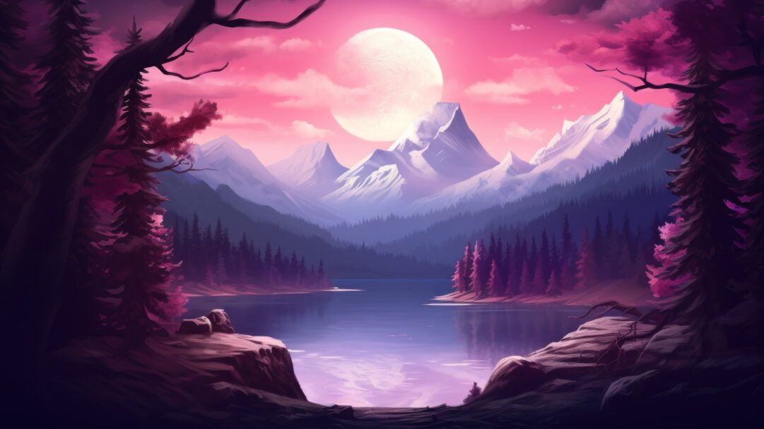 Experience the enchanting sight of moonlit mountain trees cast in shades of purple in this AI-generated 4K wallpaper. Ideal for high-resolution displays, it captures the captivating beauty of the mountains under the moon's glow.