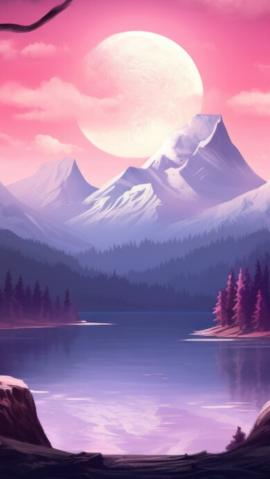 Experience the enchanting sight of moonlit mountain trees cast in shades of purple in this AI-generated 4K wallpaper. Ideal for high-resolution displays, it captures the captivating beauty of the mountains under the moon's glow.