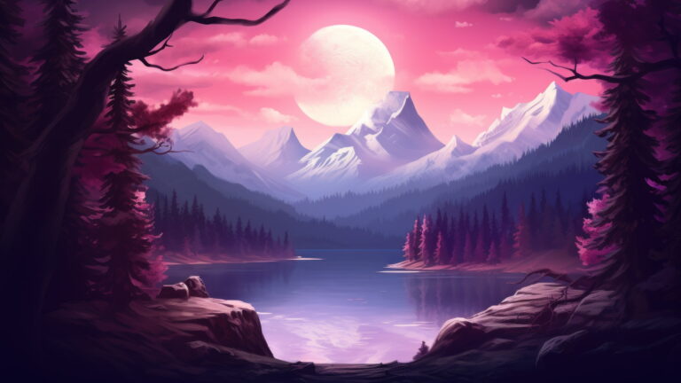 Experience the enchanting sight of moonlit mountain trees cast in shades of purple in this AI-generated 4K wallpaper. Ideal for high-resolution displays, it captures the captivating beauty of the mountains under the moon's glow.