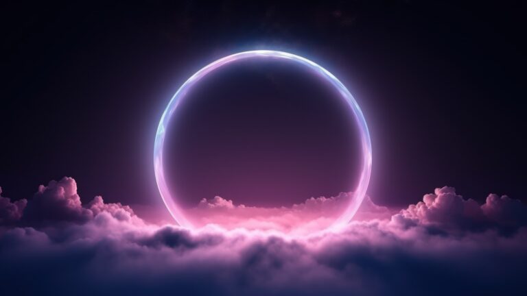 A captivating 4K wallpaper presenting an AI-generated neon light ring hovering above a sea of clouds. The vibrant neon hues contrast against the serene cloudscape, evoking a surreal and enchanting ambiance.