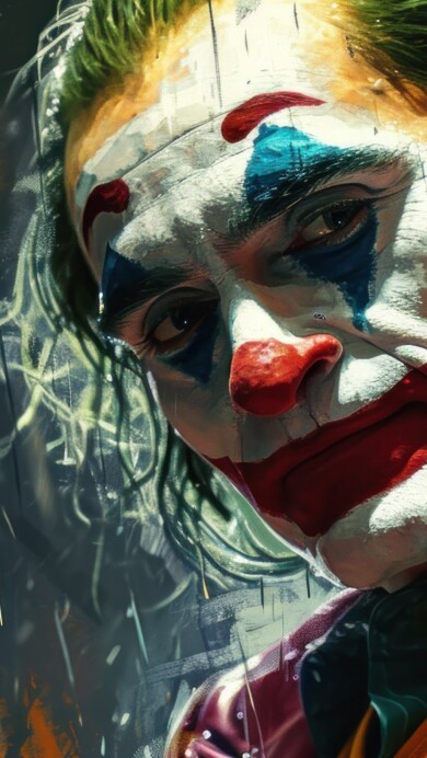 An intriguing 4K wallpaper featuring an AI-generated portrait of the Joker amidst a rainy ambiance. The painting captures the enigmatic essence of the character, blending artistry with a moody, rain-soaked backdrop.